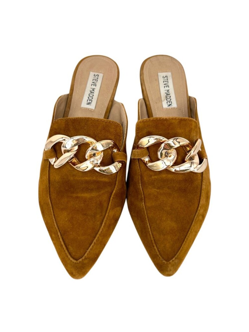Steve Madden Finn Cognac Suede Chain Detail Pointed Mules Size 8.5 Quiet Luxury